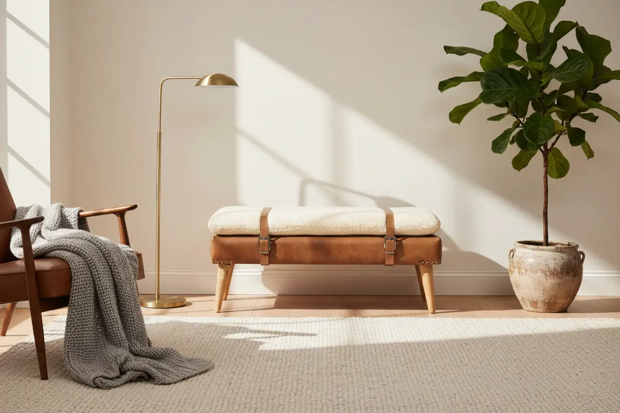 Bouclé-penkki nahkayksityiskohdilla | Ruskea nahka & pehmeä bouclé