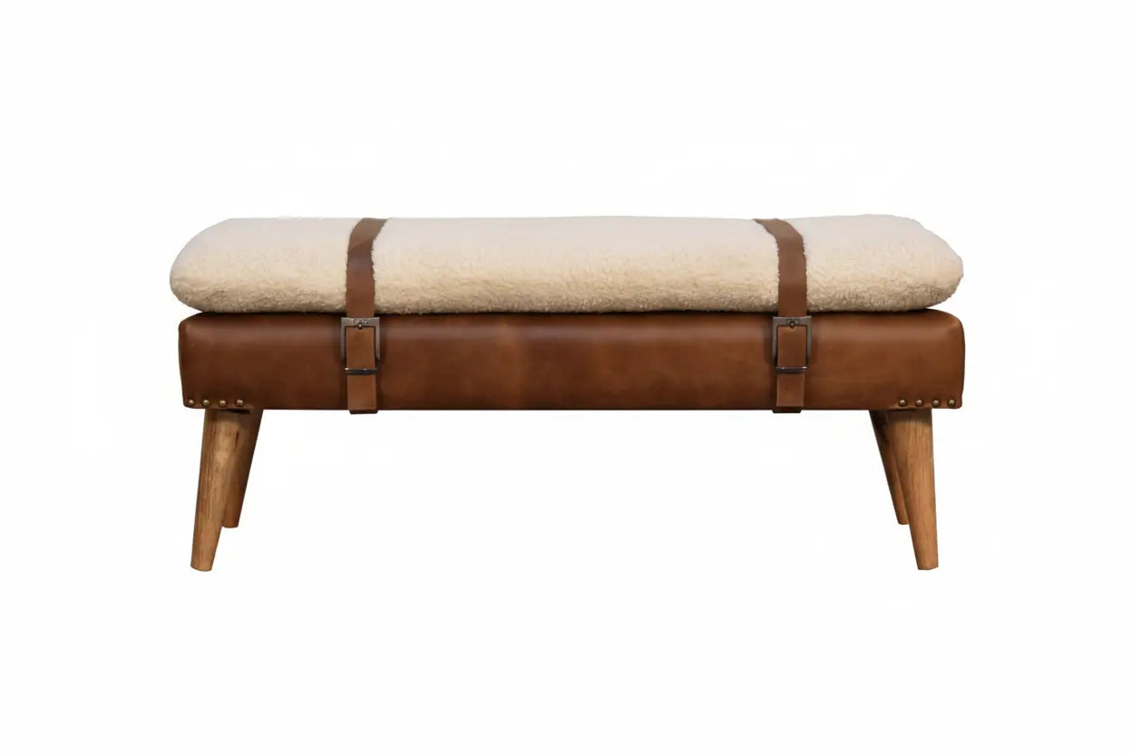 Bouclé-penkki nahkayksityiskohdilla | Ruskea nahka & pehmeä bouclé