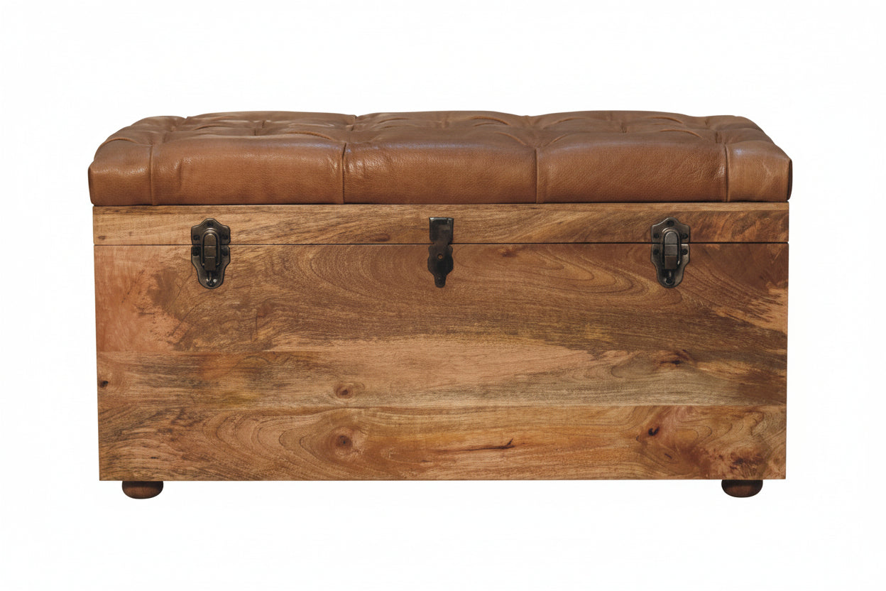 Kannellinen säilytysarkku | Mangopuu & buffalo-nahka, tammisävy