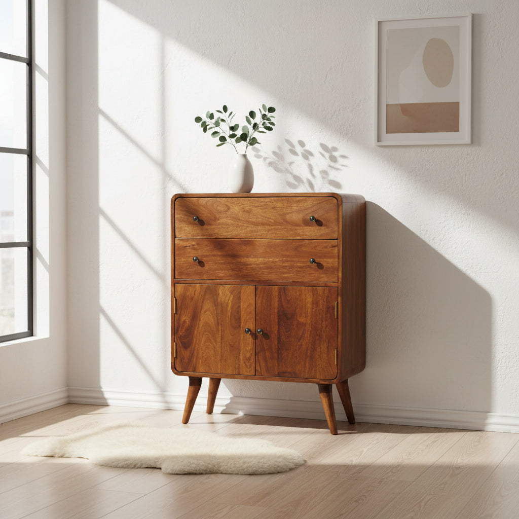 Mangopuinen säilytyskaappi – kastanjan sävy, messinkiyksityiskohdat