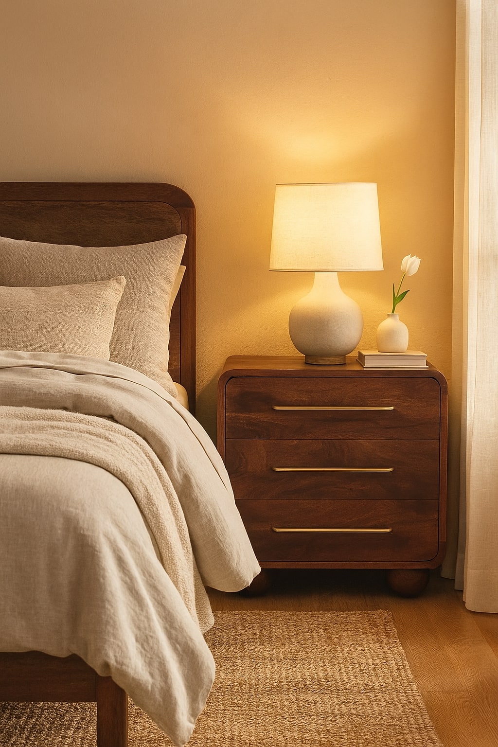 Pyöristetty yöpöytä | 3 laatikkoa, Winewood Oak, mangopuu