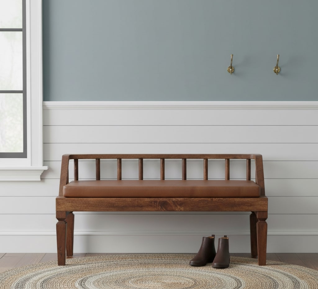 Bordeaux penkki | Massiivinen mangopuu & ruskea nahkatyyny